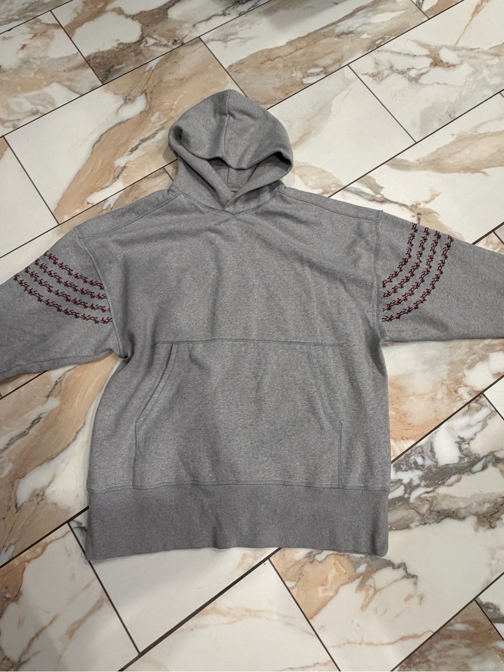 Free People Gray Crewneck Hoodie with Red Stitch Sleeve Detail